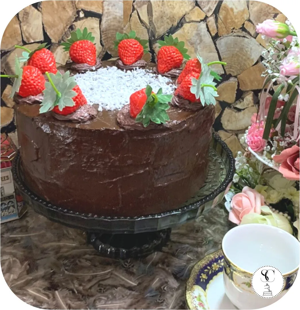 Artificial Fake Cake Chocolate Strawberry 10” Cake. Prop Props Kitchen Table Dis, photograph 1