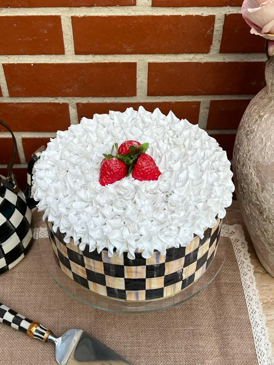 Artificial Fake Cake. 10” Fake Strawberry Cake. Black Courtly Inspired style, photograph 2