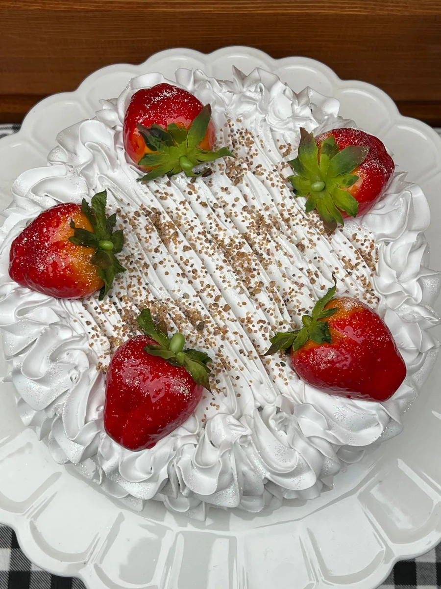Artificial Fake Cake. Large strawberries. Strawberry Fake Cake. 8” approx. Prop, photograph 1