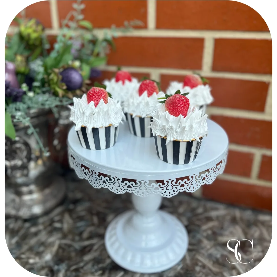 5 Fake Strawberries black white striped cupcakes., photograph 6