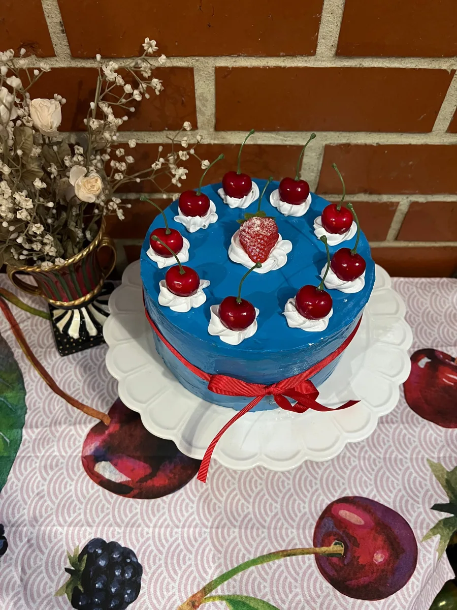 Artificial Fake Cake cherry strawberry Cake. Prop Props Kitchen Table Display, photograph 2