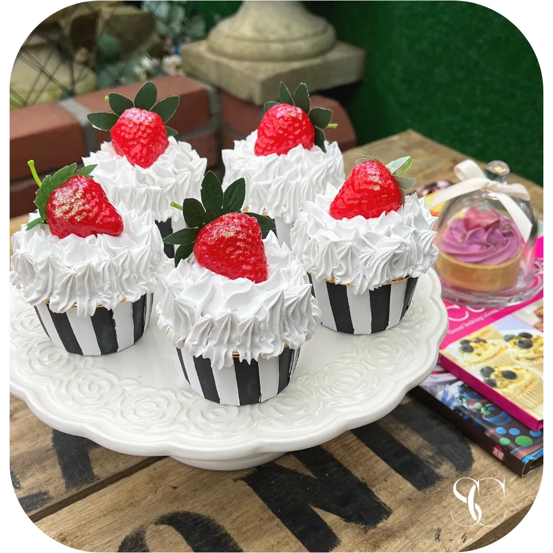 5 Fake Strawberries black white striped cupcakes., photograph 5