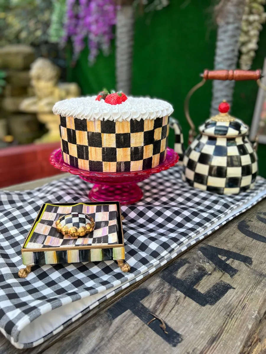 Artificial Fake Cake. 10” Fake Strawberry Cake. Black Courtly Inspired style, photograph 3