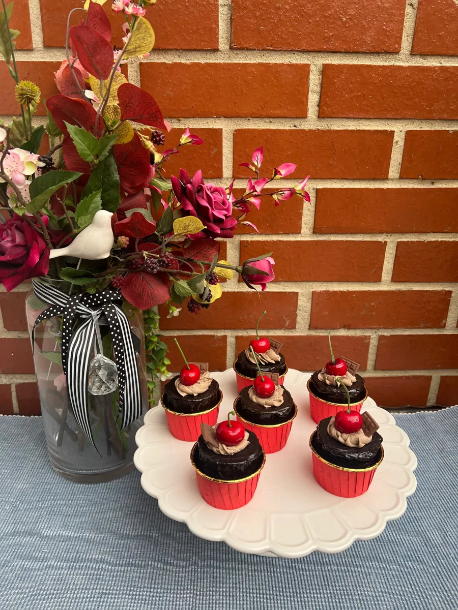 Artificial Fake Cake Cupcakes Set. 6 Cherry and chocolate cupcakes. Themed cupc, photograph 4