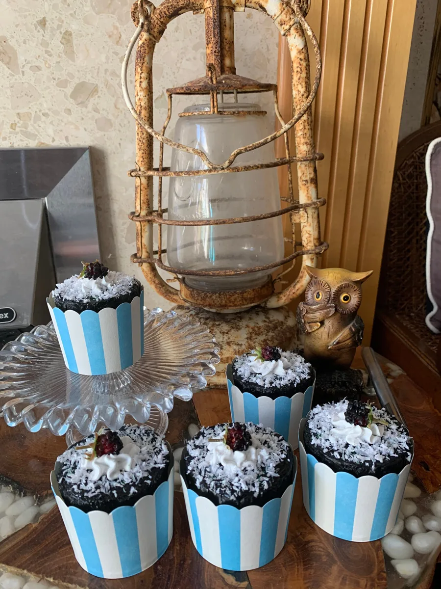 Artificial Fake Cake Cupcakes Set. 5 Blackcurrants cupcakes. Themed cupcakes. P, photograph 3