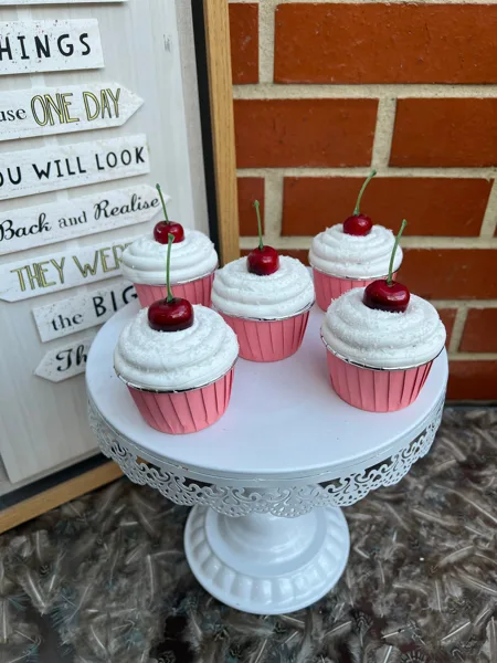 Artificial Fake Cake Cupcakes Set. 5 Cherry coconut Theme cupcakes. Prop Props