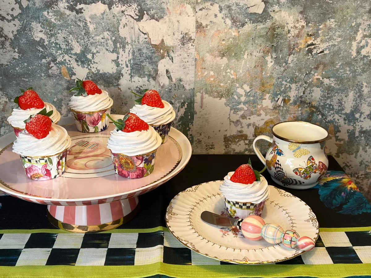 Artificial Fake Cupcakes Set with 6x Mackenzie Childs Inspired style. Flower st, photograph 3