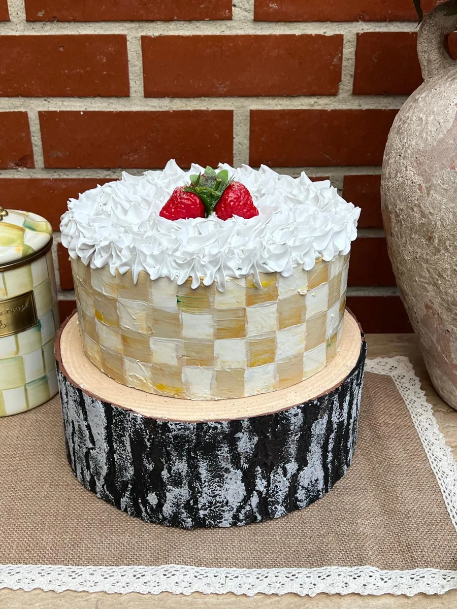 10” Fake Strawberry Cake. Parchment-inspired style, Yellow checkered cake, photograph 4