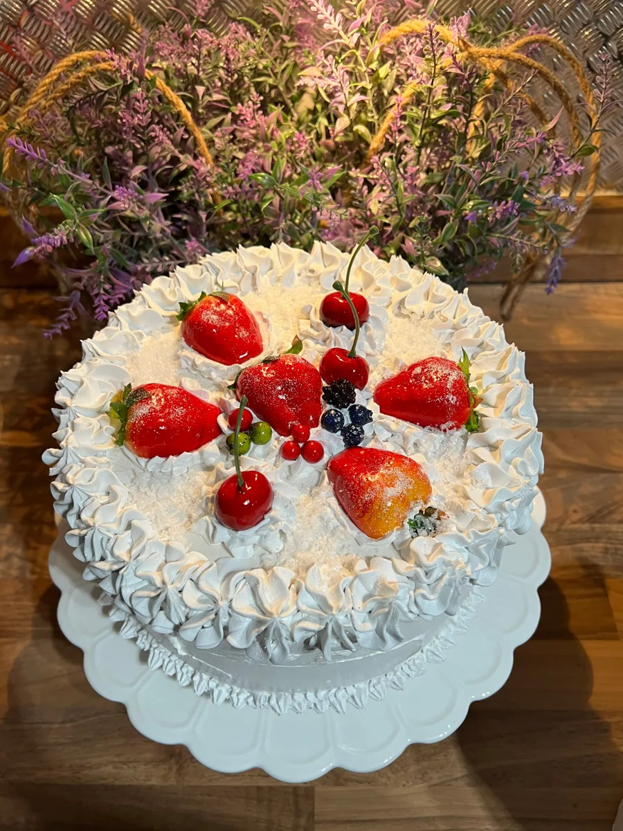 Artificial Fake Cake. Beautiful real life large fake strawberries. Mix of Fruit, photograph 3