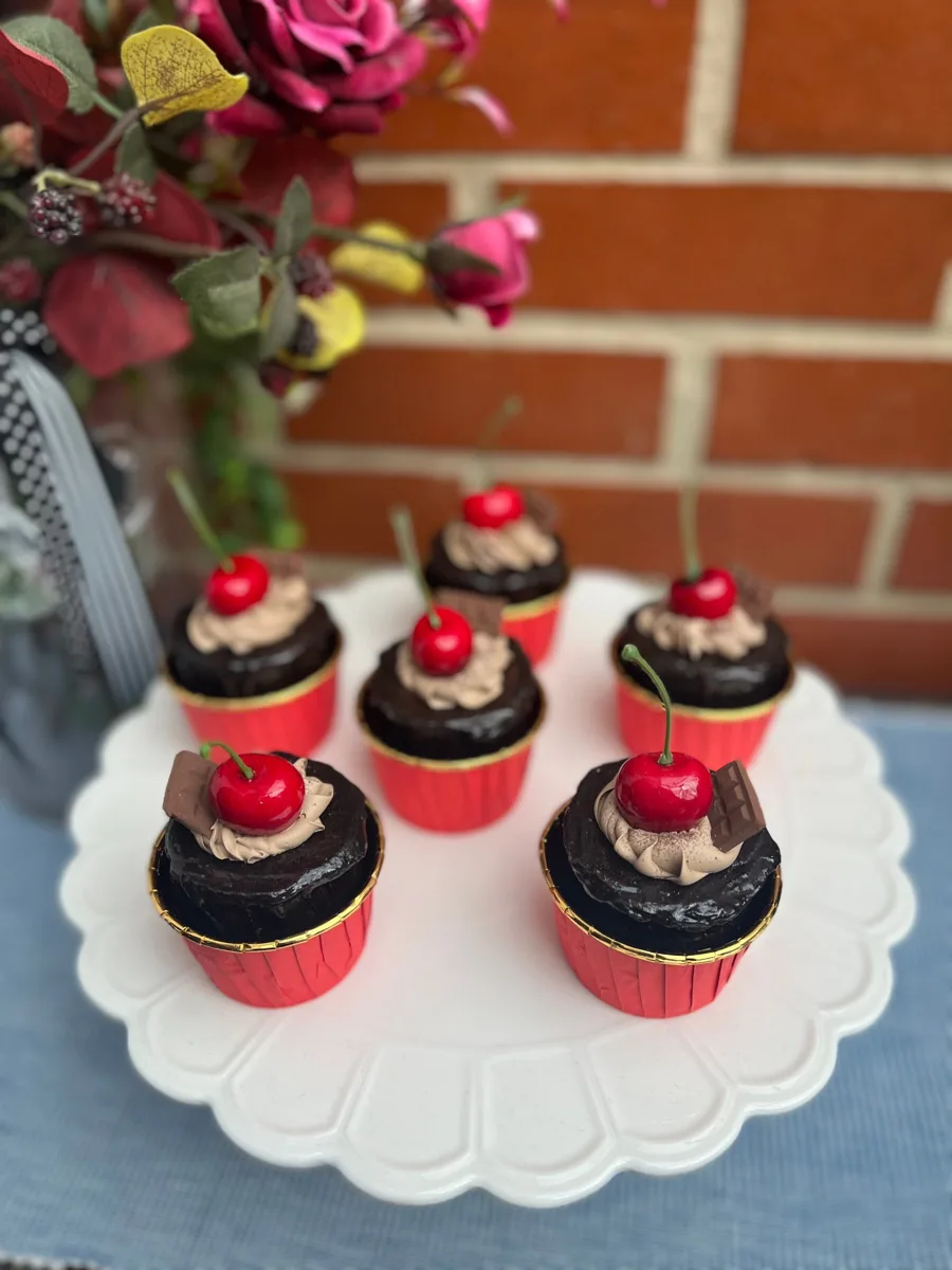 Artificial Fake Cake Cupcakes Set. 6 Cherry and chocolate cupcakes. Themed cupc, photograph 2