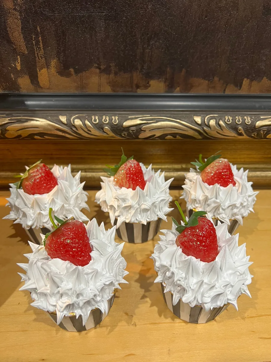 Artificial Fake Cake Cupcakes Set. Strawberry Theme. Black and White Prop Props, photograph 1