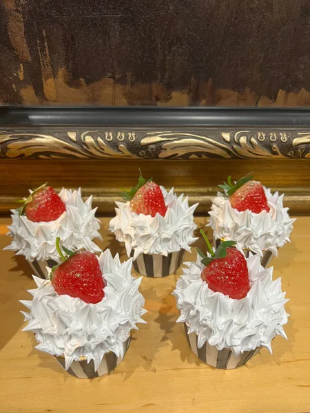 Artificial Fake Cake Cupcakes Set. Strawberry Theme. Black and White Prop Props
