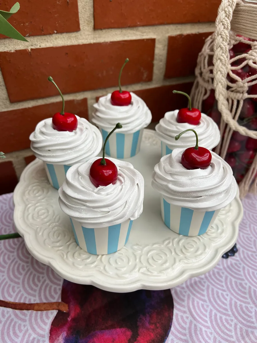 Artificial Fake Cake Cupcakes Set. 5 Cherry Theme cupcakes. Prop Props Kitchen, photograph 2
