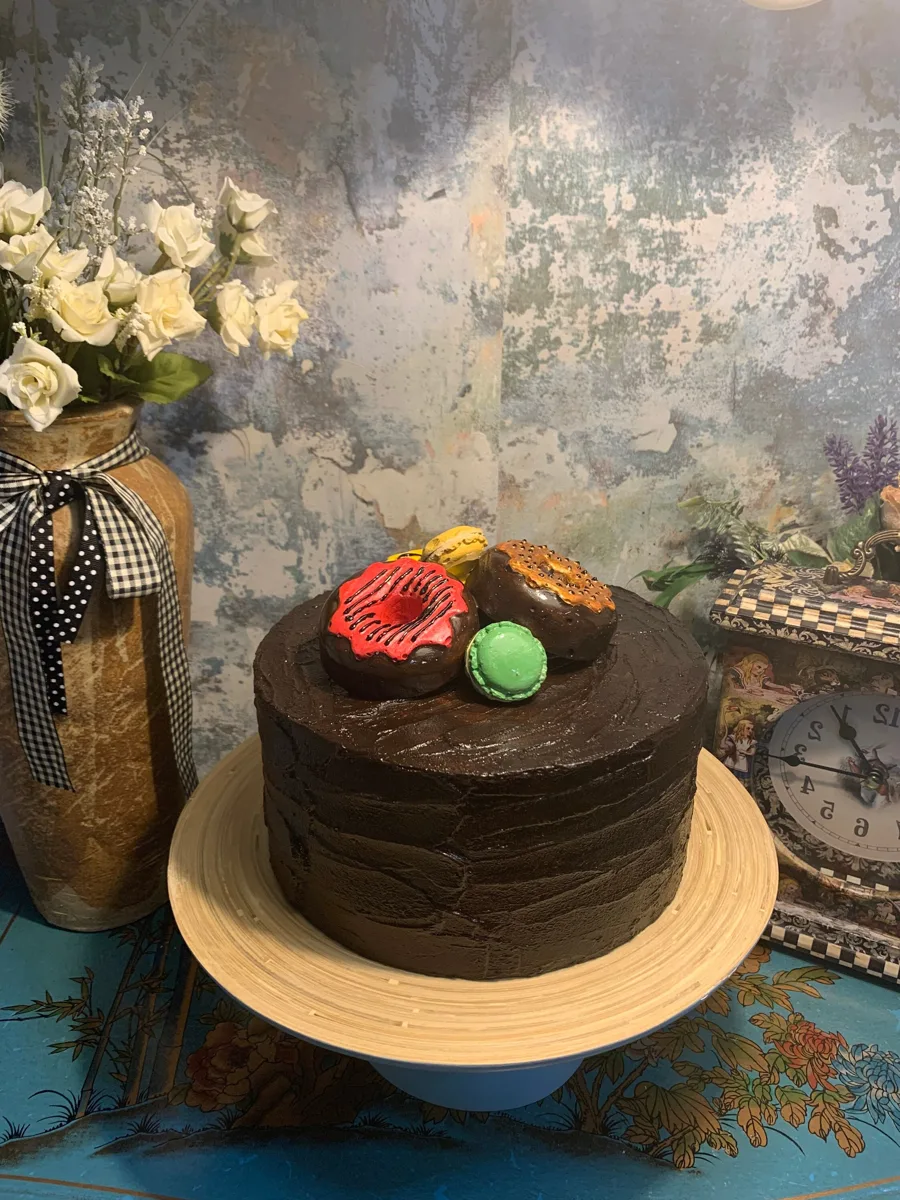 Artificial Fake Cake.  10” fake chocolate Cake with doughnuts and macaroons. Pr, photograph 3