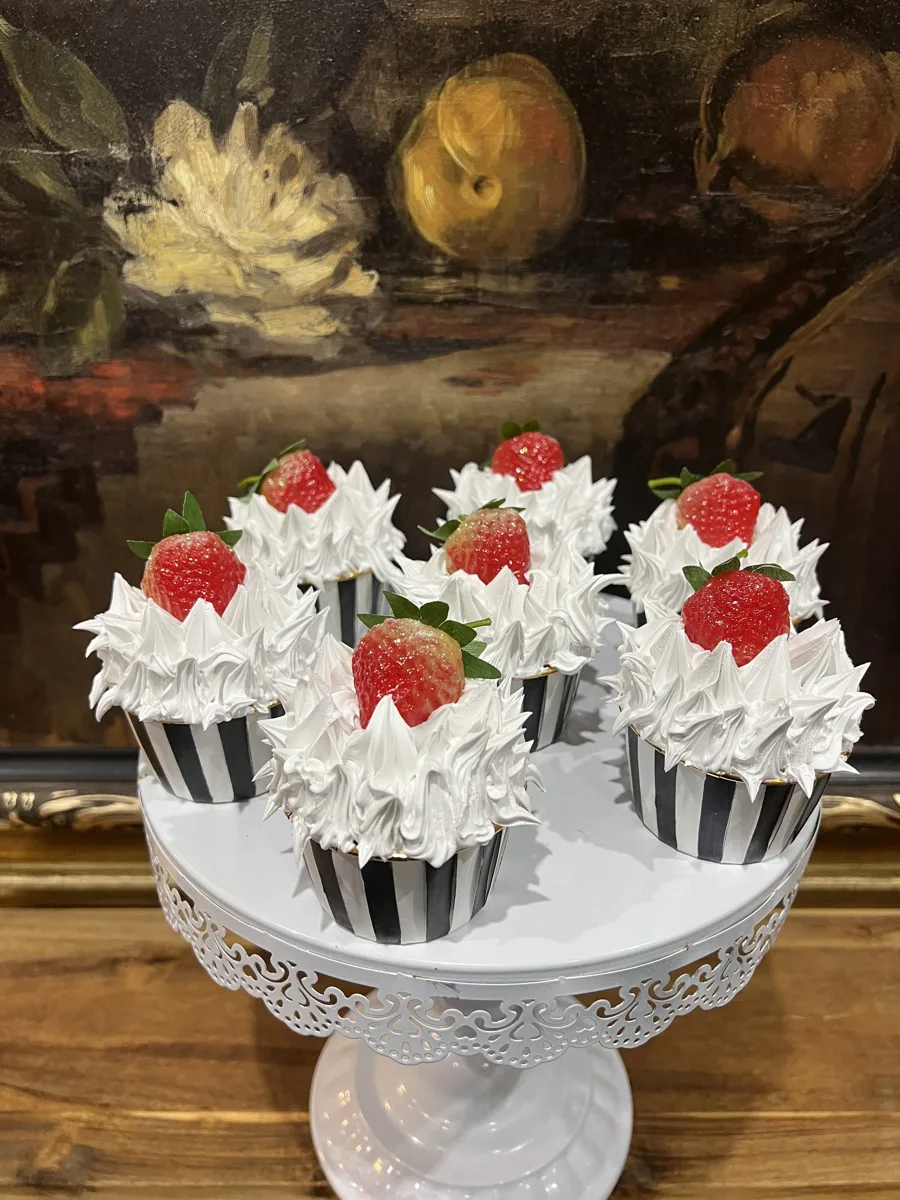 Artificial Fake Cake Cupcakes Set. Strawberry Theme. Black and White Prop Props, photograph 2