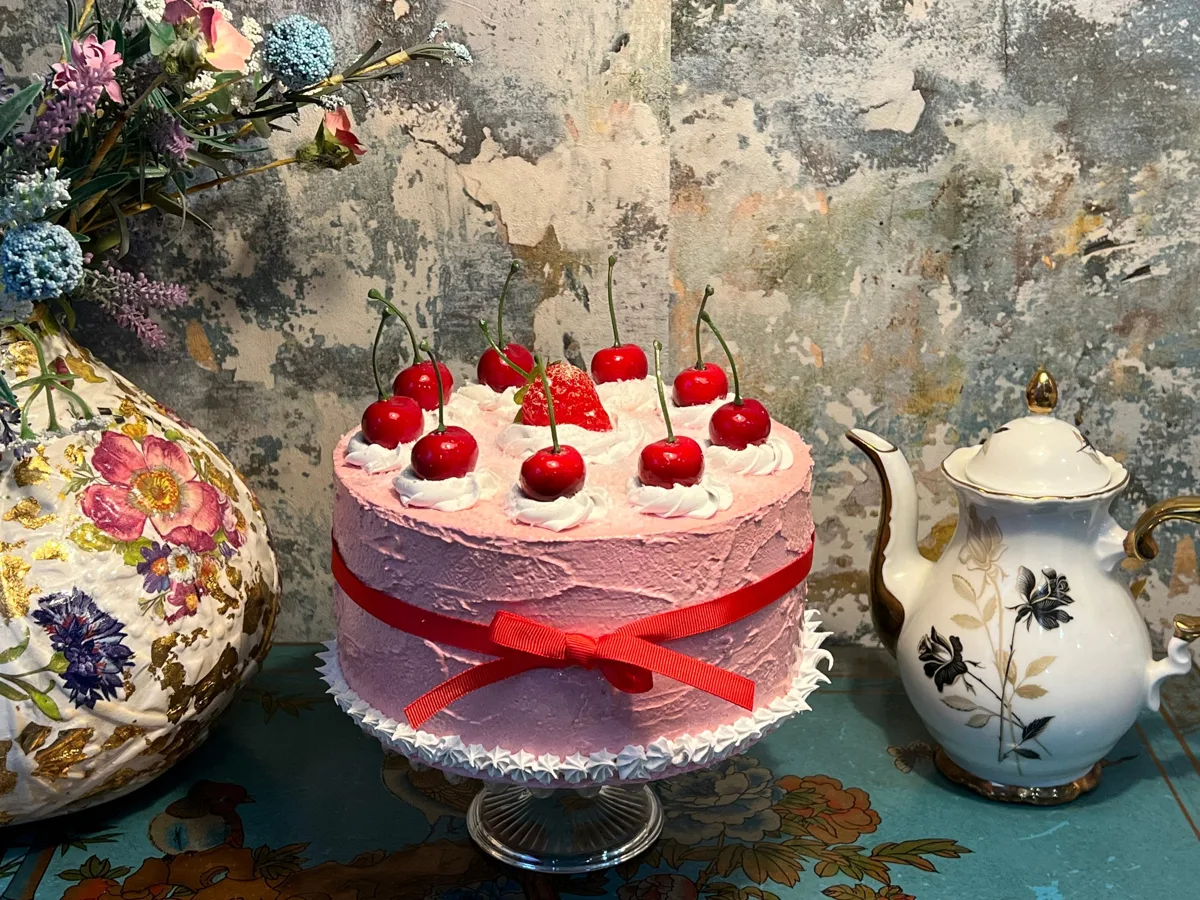 Artificial Fake Cake. Cherries and strawberry 10” cake. Faux cake. Prop Props K, photograph 2