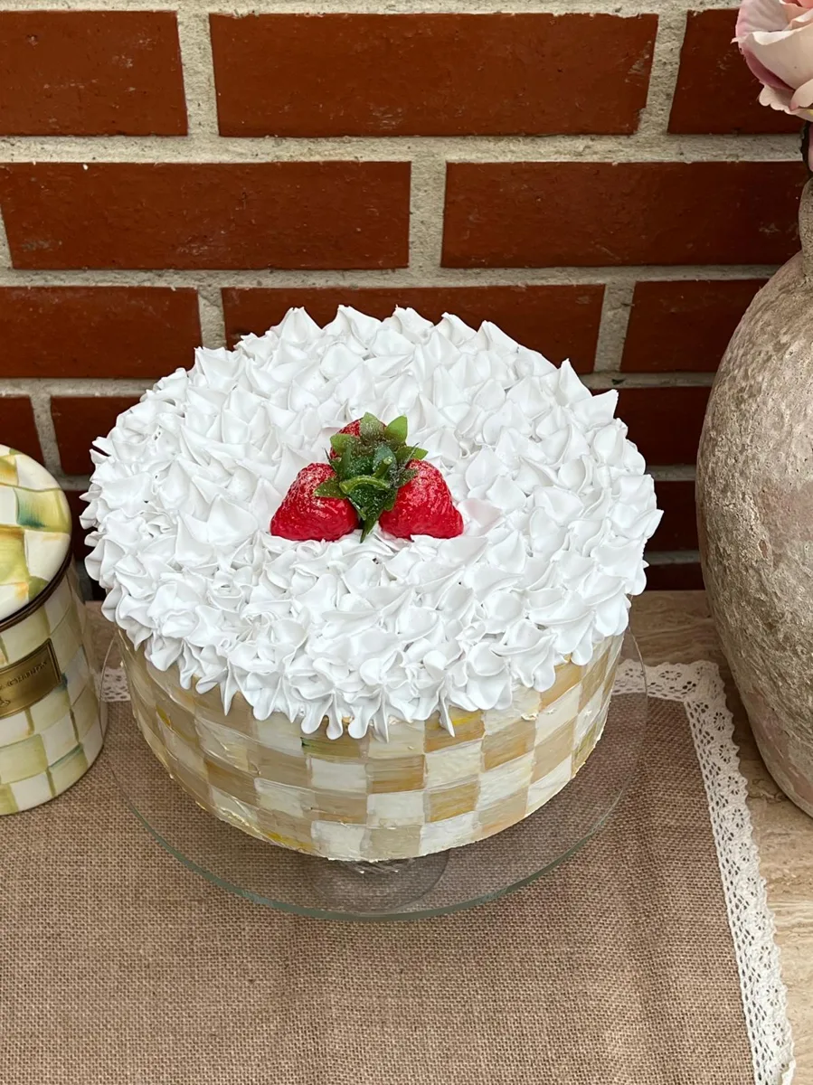 10” Fake Strawberry Cake. Parchment-inspired style, Yellow checkered cake, photograph 2