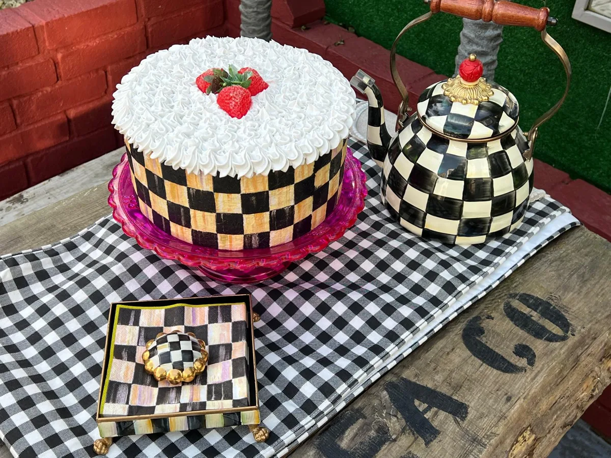 Artificial Fake Cake. 10” Fake Strawberry Cake. Black Courtly Inspired style, photograph 4