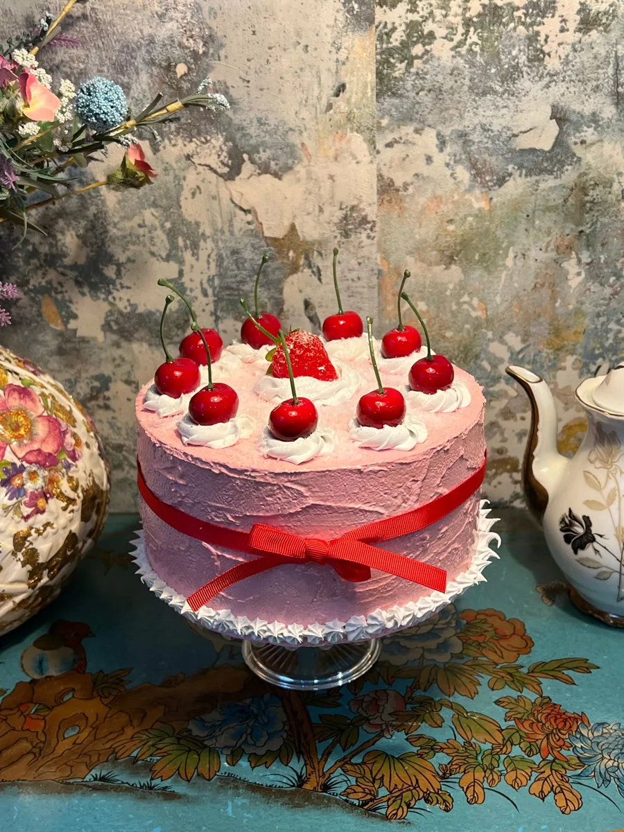 Artificial Fake Cake. Cherries and strawberry 10” cake. Faux cake. Prop Props K, photograph 4