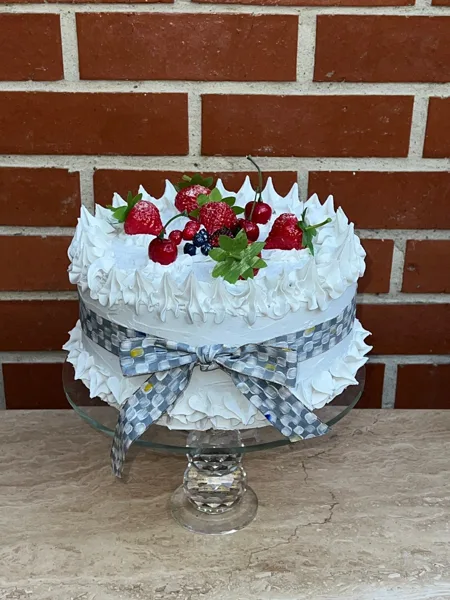 Artificial Fake Cake. Multi-fruit 10” Cake. Sterling-inspired style ribbon