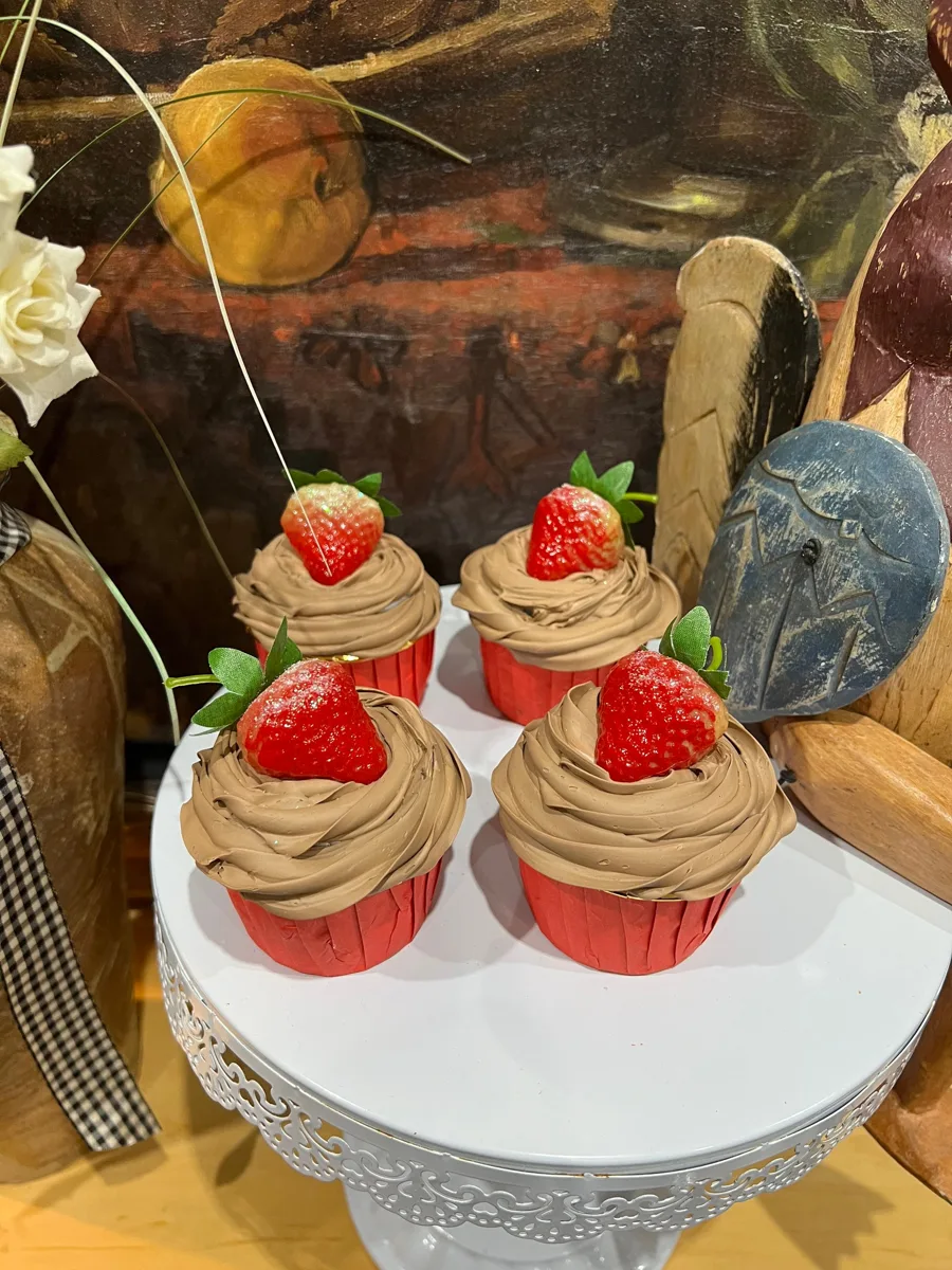 Artificial Fake Cupcakes Set. Strawberry chocolate Theme. Prop Props Kitchen Ta, photograph 3