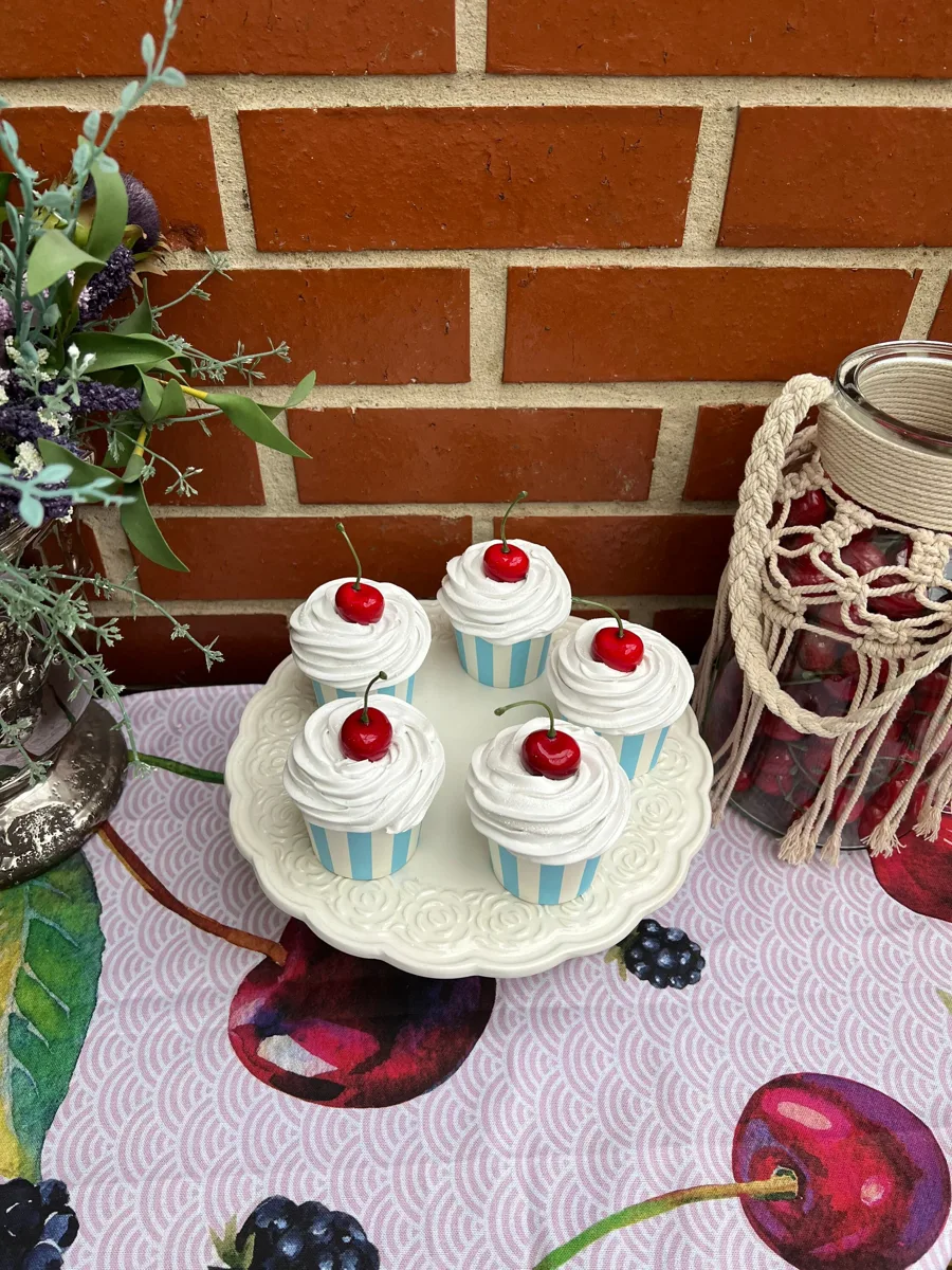 Artificial Fake Cake Cupcakes Set. 5 Cherry Theme cupcakes. Prop Props Kitchen, photograph 5