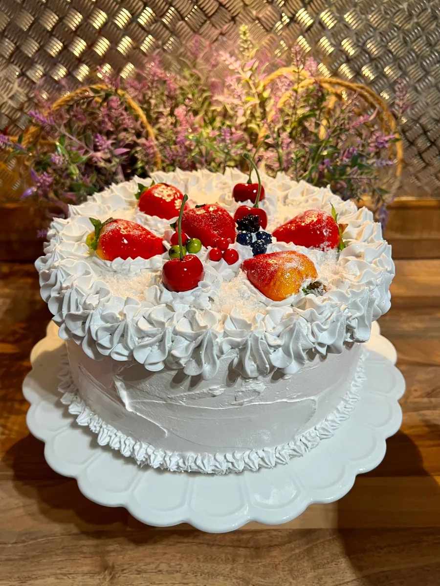 Artificial Fake Cake. Beautiful real life large fake strawberries. Mix of Fruit, photograph 1