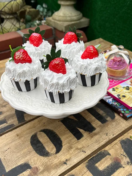 Artificial Fake Cake Cupcakes Set. 5 Strawberries black white striped cupcakes.
