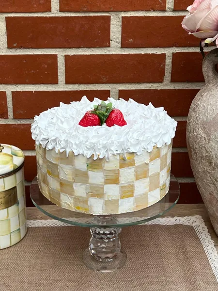 10” Fake Strawberry Cake. Parchment-inspired style, Yellow checkered cake