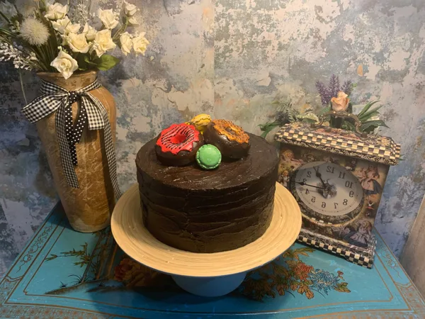 Artificial Fake Cake.  10” fake chocolate Cake with doughnuts and macaroons. Pr