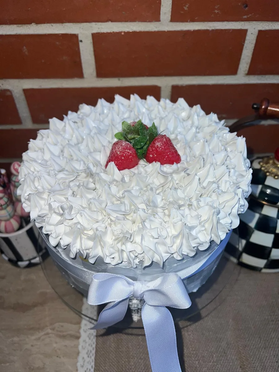 Title: Handmade Faux Cake, 10” Strawberry with Silver Check Pattern &  Ribbon, photograph 3