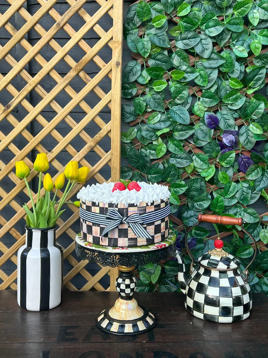 Artificial Fake Cake. 10” Fake Strawberry Cake. Black Courtly Inspired style., photograph 5