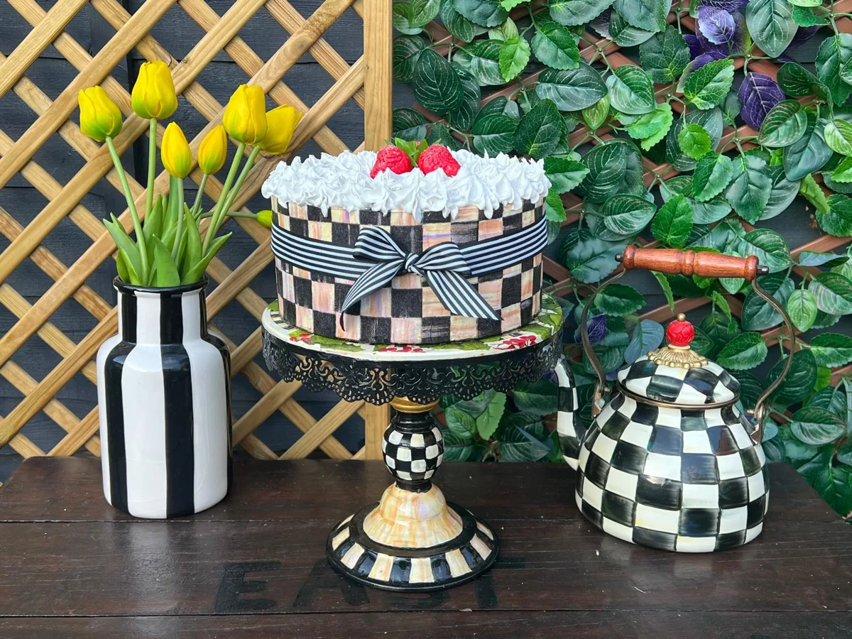Artificial Fake Cake. 10” Fake Strawberry Cake. Black Courtly Inspired style., photograph 1