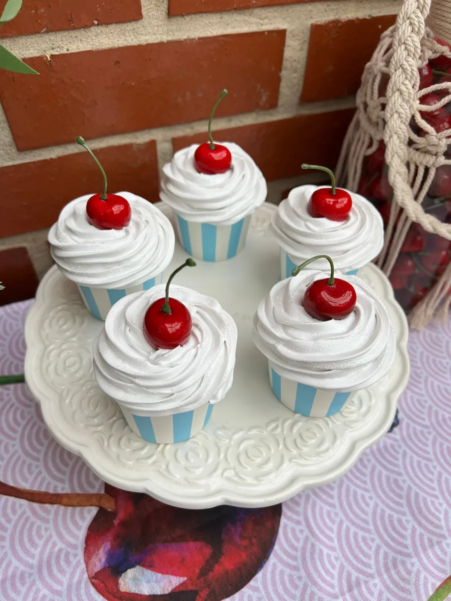 Artificial Fake Cake Cupcakes Set. 5 Cherry Theme cupcakes. Prop Props Kitchen, photograph 4