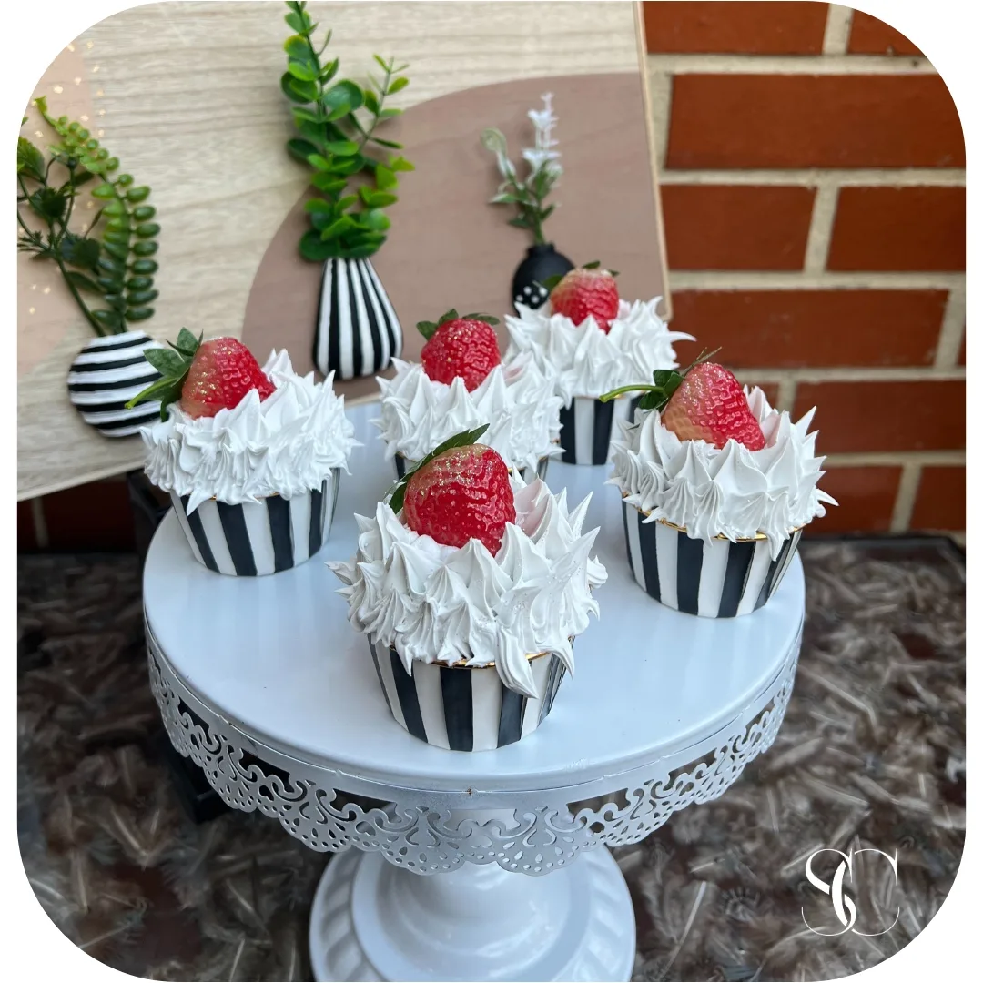 5 Fake Strawberries black white striped cupcakes., photograph 1