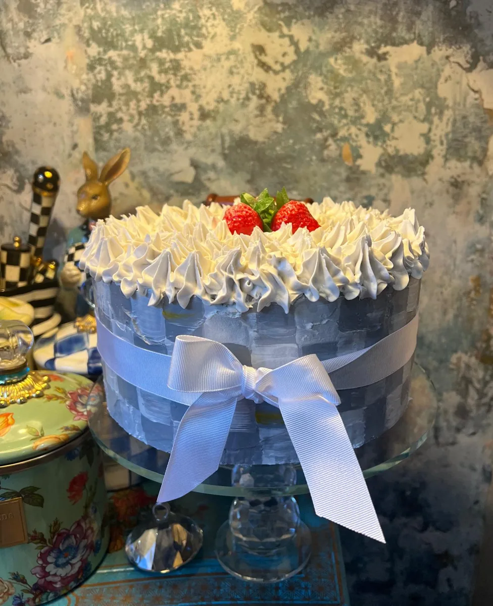 Title: Handmade Faux Cake, 10” Strawberry with Silver Check Pattern &  Ribbon, photograph 5