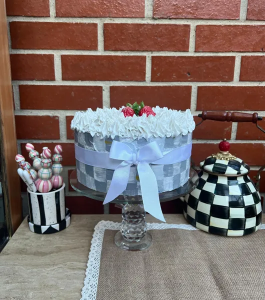 Title: Handmade Faux Cake, 10” Strawberry with Silver Check Pattern &  Ribbon