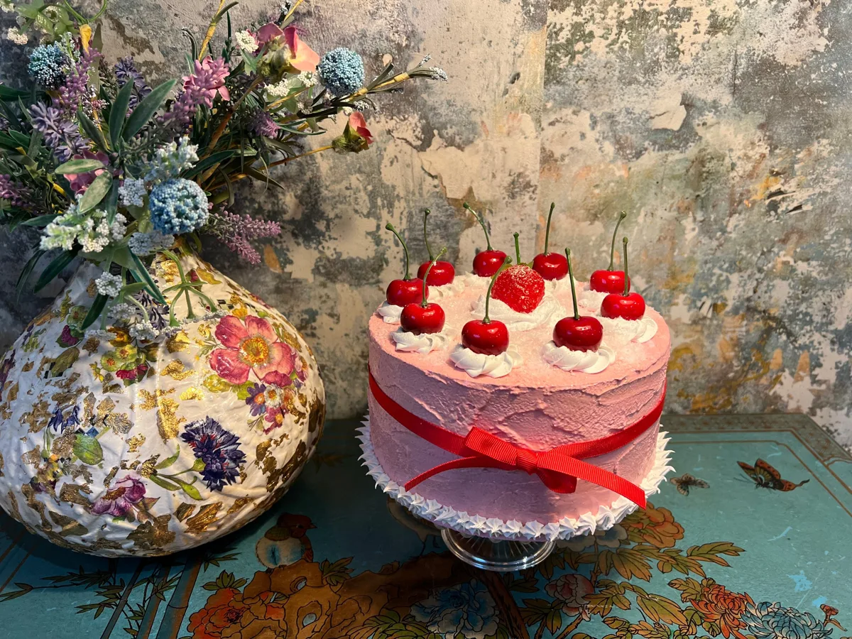 Artificial Fake Cake. Cherries and strawberry 10” cake. Faux cake. Prop Props K, photograph 3