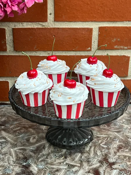 Artificial Fake Cupcakes Set. 5 cupcakes. Circus theme. Cherry cupcake. Prop Pr