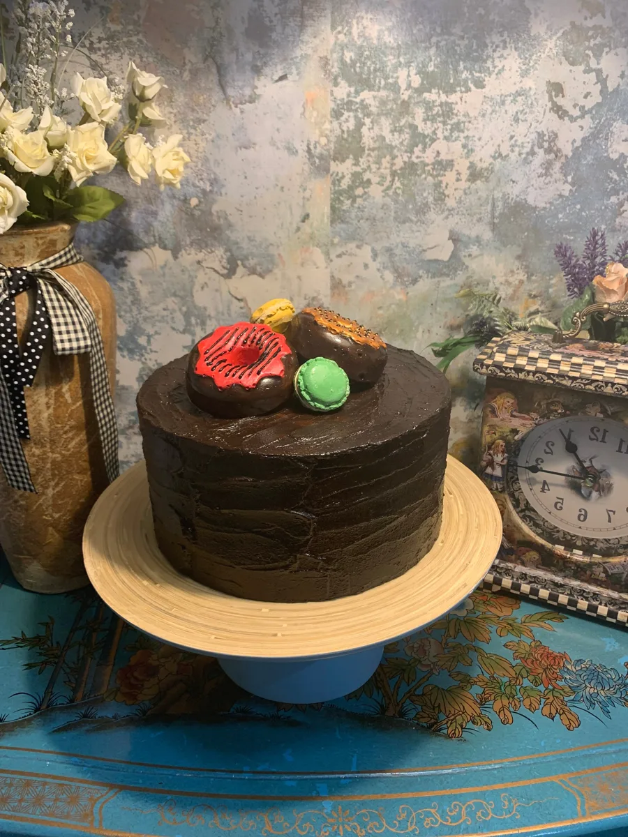 Artificial Fake Cake.  10” fake chocolate Cake with doughnuts and macaroons. Pr, photograph 2