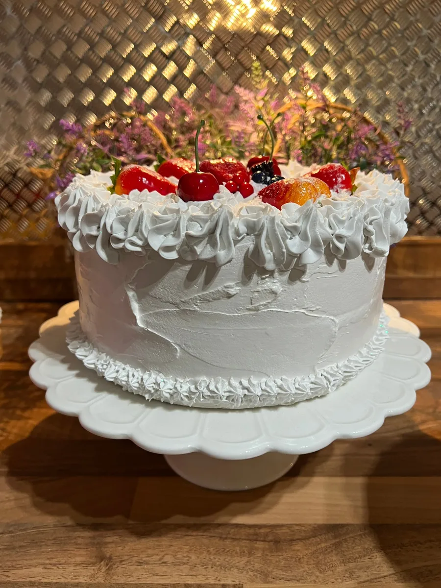 Artificial Fake Cake. Beautiful real life large fake strawberries. Mix of Fruit, photograph 4