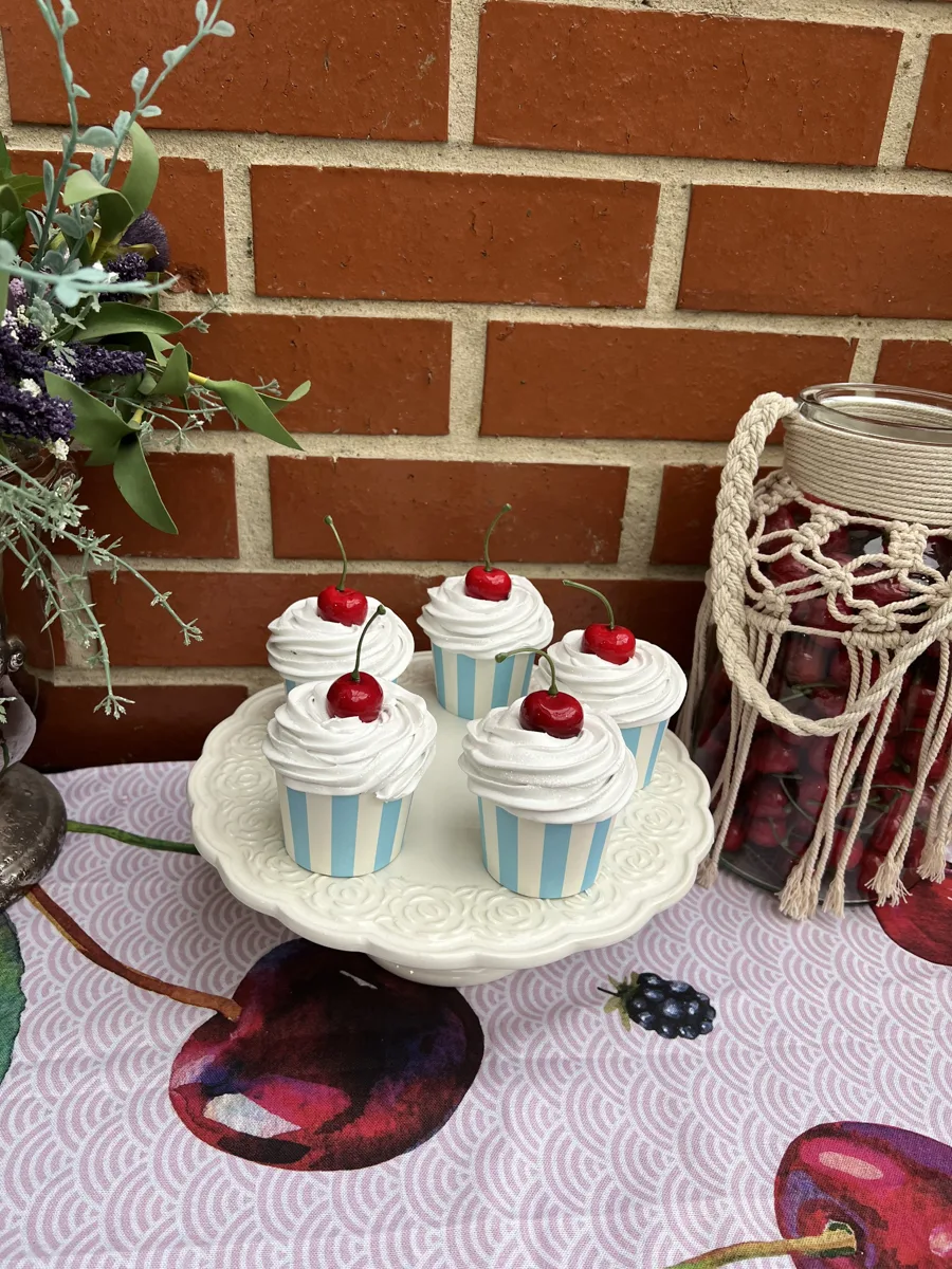 Artificial Fake Cake Cupcakes Set. 5 Cherry Theme cupcakes. Prop Props Kitchen, photograph 6