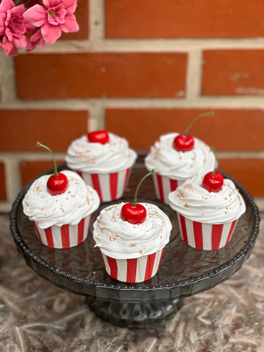 Artificial Fake Cupcakes Set. 5 cupcakes. Circus theme. Cherry cupcake. Prop Pr, photograph 2
