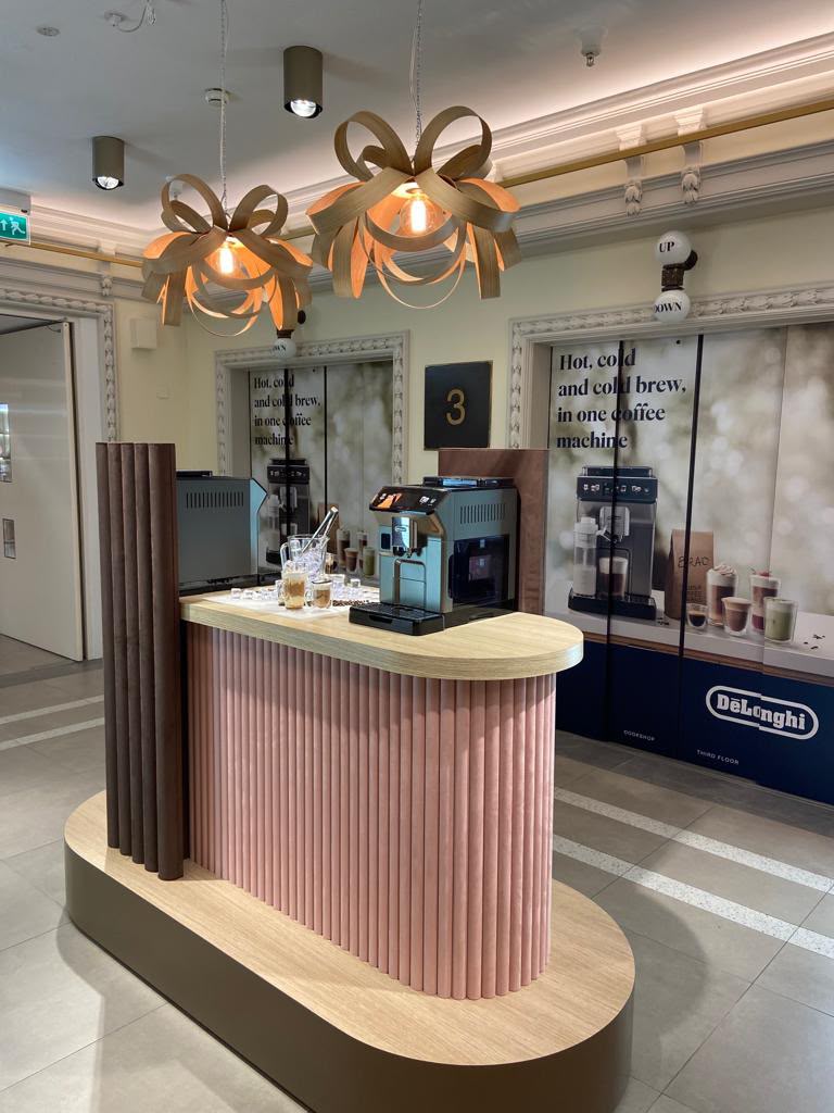 De’Longhi coffee display stand at Harrods, third floor near the lifts