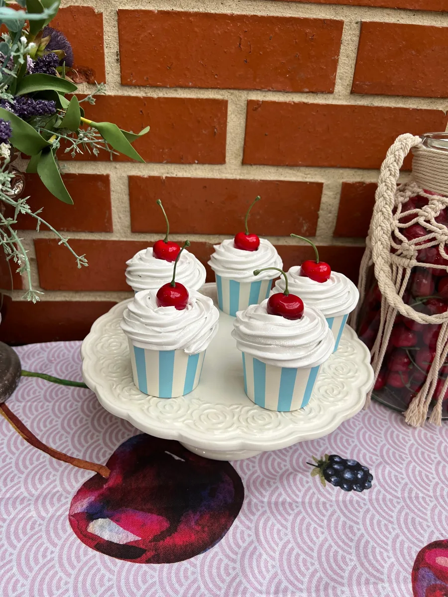 Artificial Fake Cake Cupcakes Set. 5 Cherry Theme cupcakes. Prop Props Kitchen, photograph 3