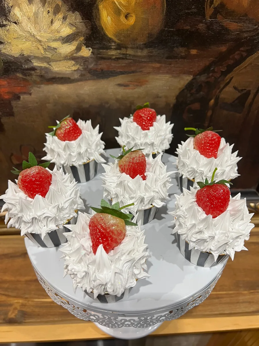 Artificial Fake Cake Cupcakes Set. Strawberry Theme. Black and White Prop Props, photograph 6