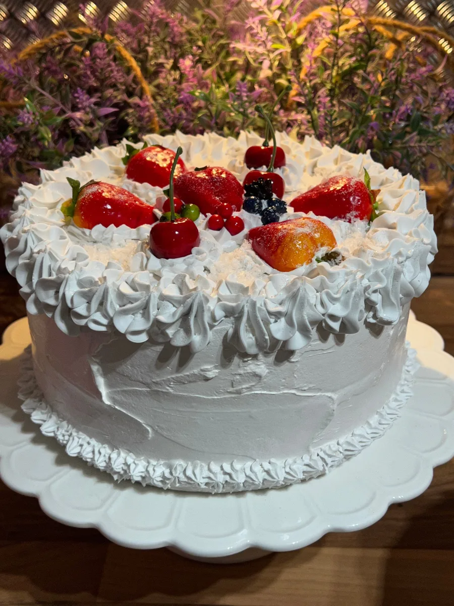 Artificial Fake Cake. Beautiful real life large fake strawberries. Mix of Fruit, photograph 2