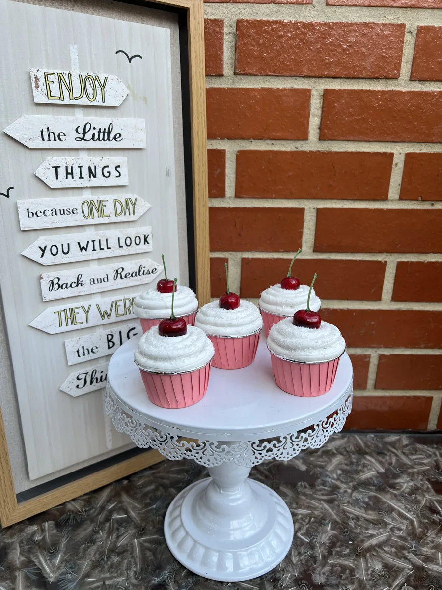 Artificial Fake Cake Cupcakes Set. 5 Cherry coconut Theme cupcakes. Prop Props, photograph 3