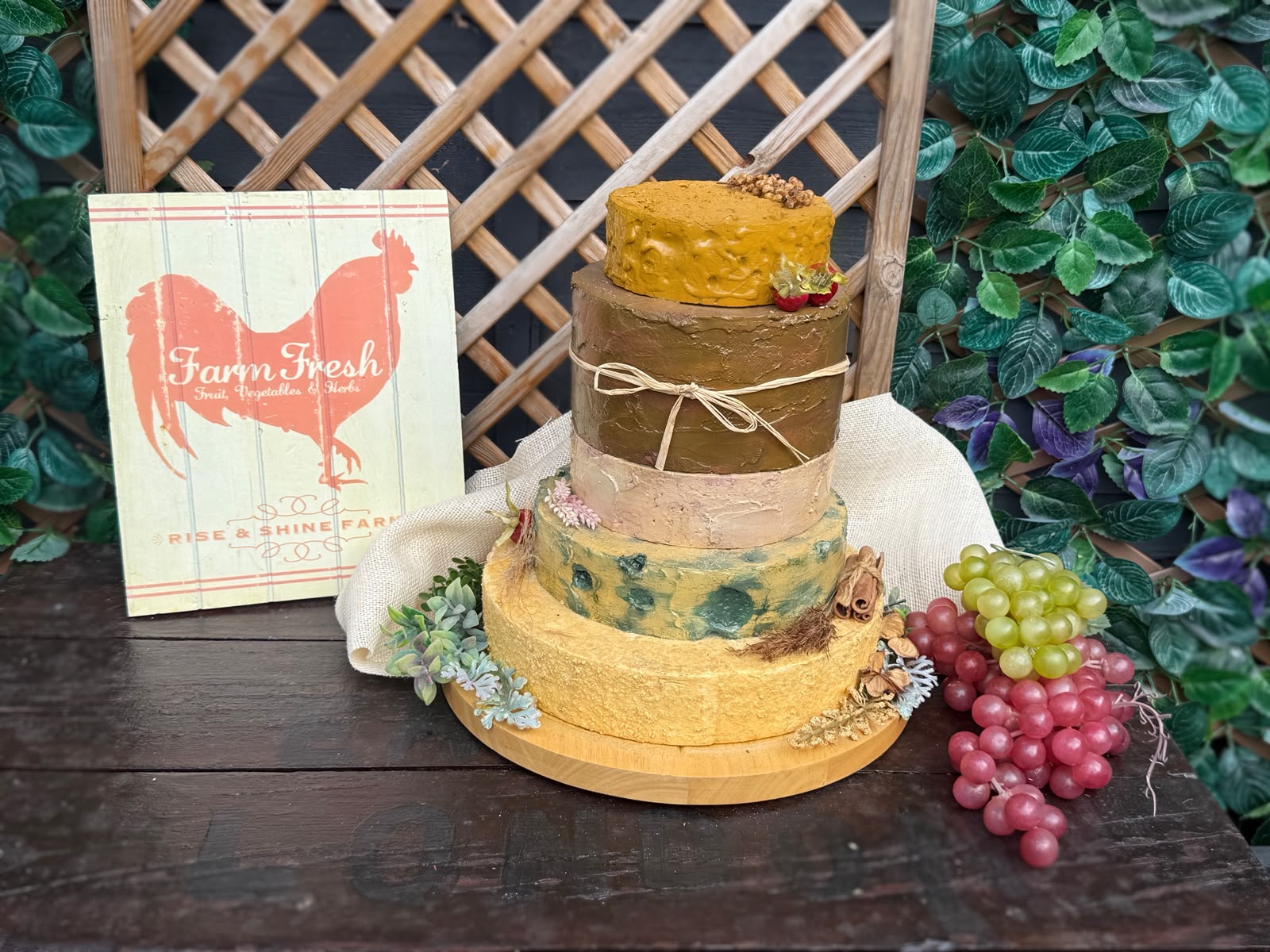 Farmhouse Cheese Tower, the complete five-tier display on its round wooden board with two artificial grape bunches