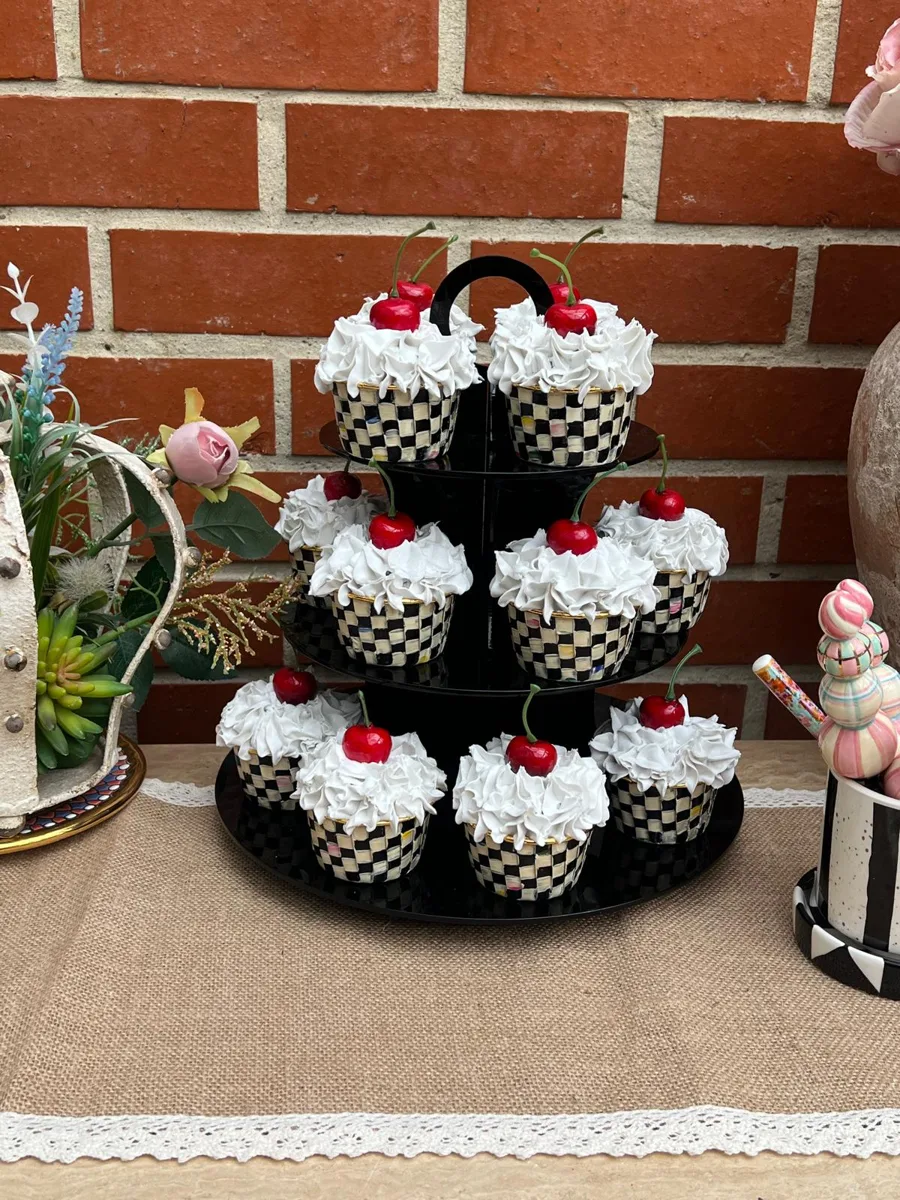 Artificial Fake Cupcakes. Set of 10 Black Check Inspired style. Black check, photograph 1